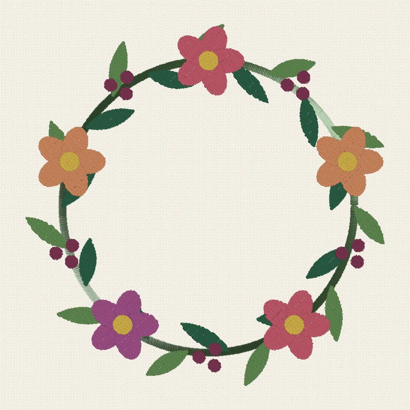 A floral wreath of leaves, berries and five blooms on linen