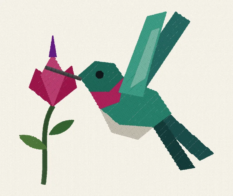 A geometric hummingbird at a fuchsia flower on cream felt