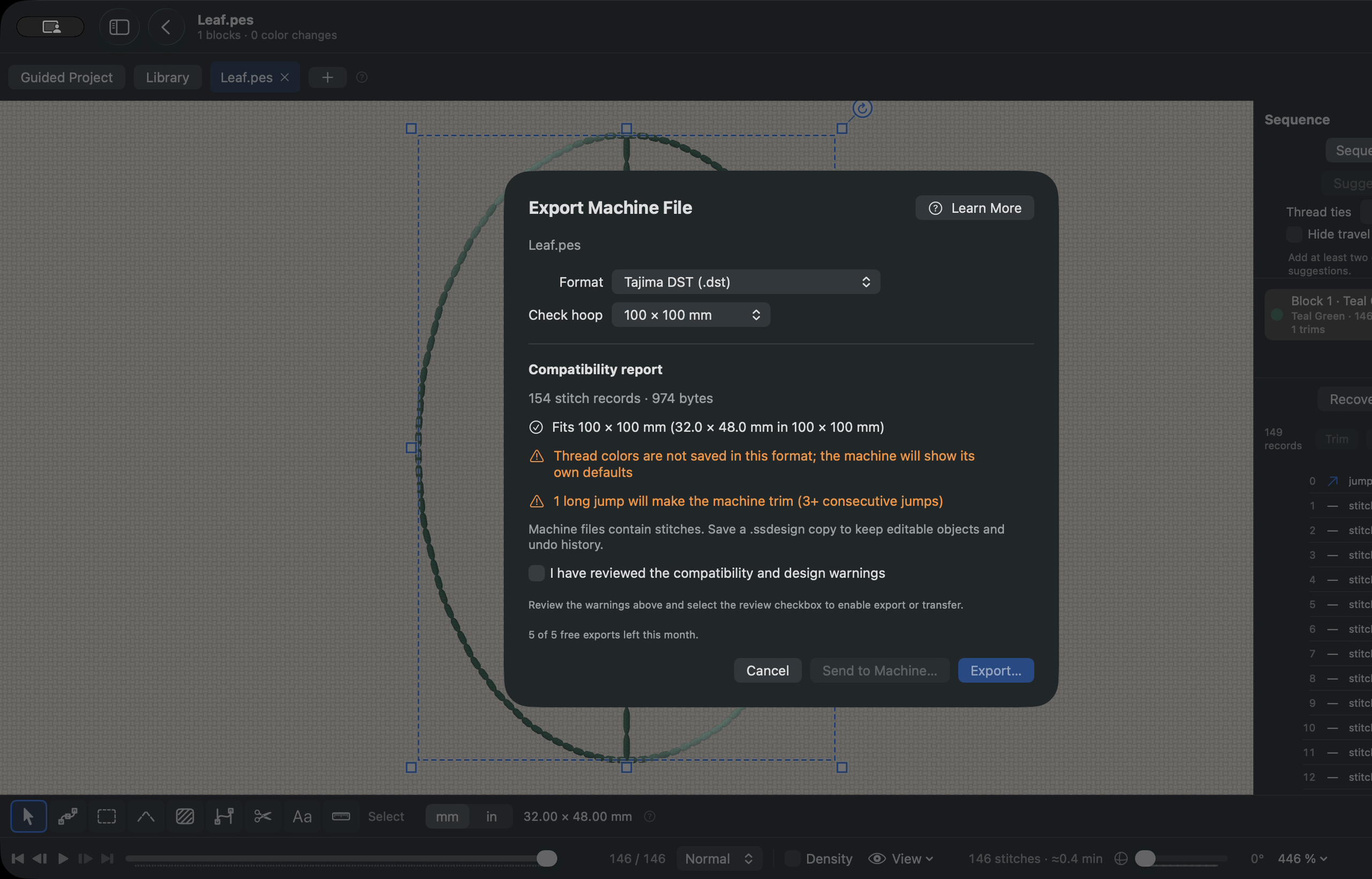 The Satinsmith export sheet converting Leaf.pes to Tajima DST, with a compatibility report noting that DST does not save thread colors and that the leaf fits a 100 × 100 mm hoop