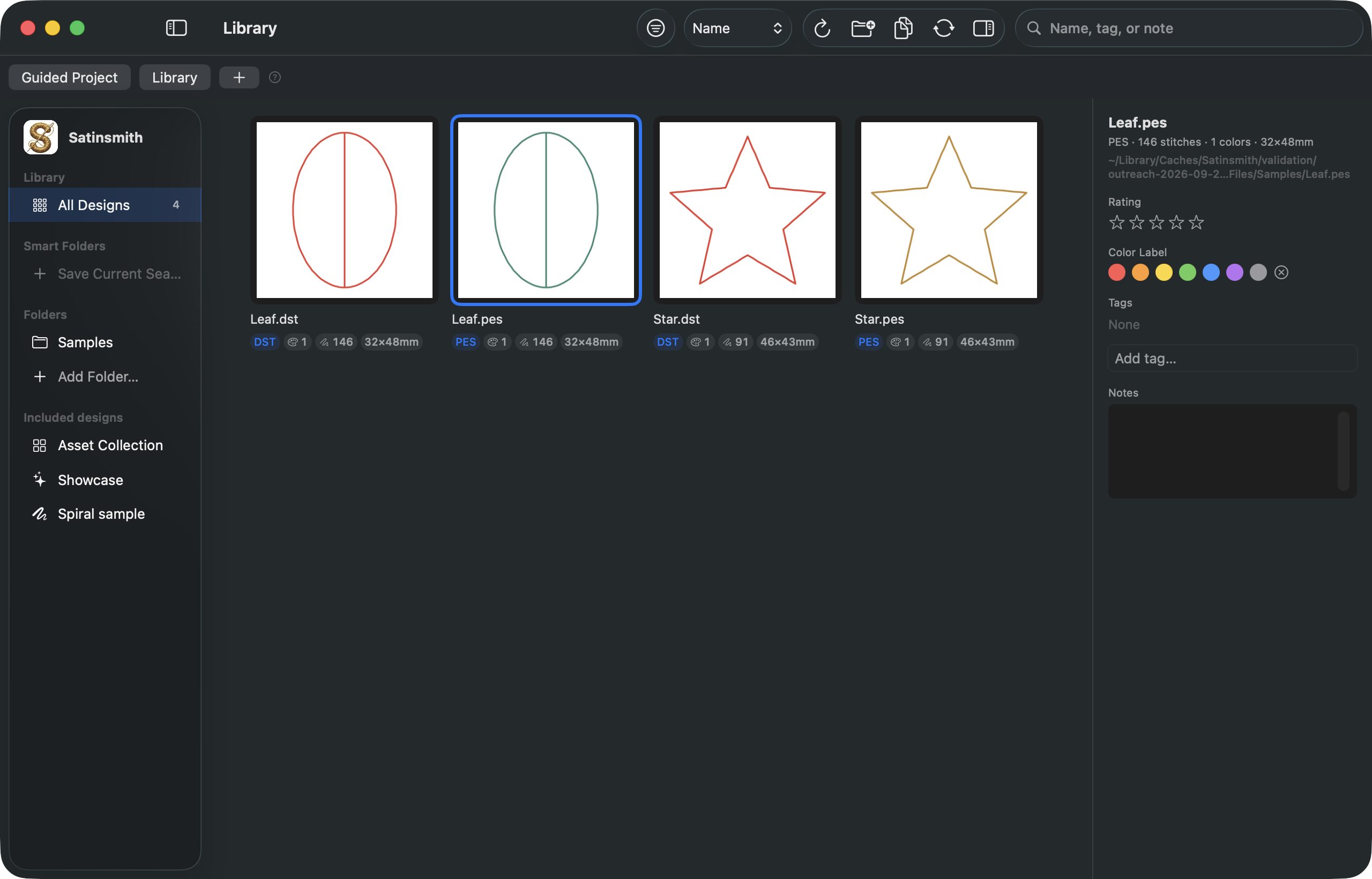 The Satinsmith library with the lesson’s Leaf and Star files in PES and DST formats