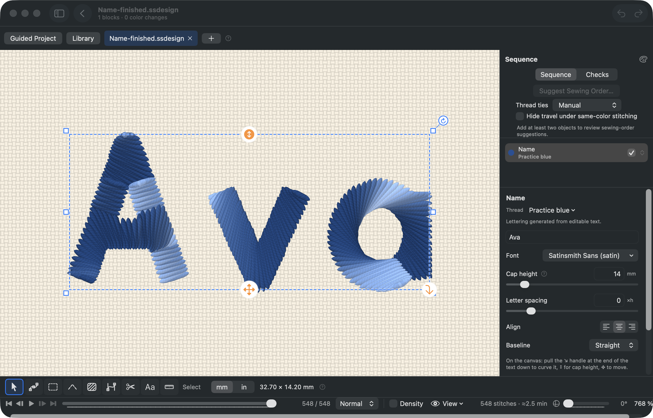 Editable Ava lettering in Satinsmith, with the built-in satin font and 14 mm cap height visible