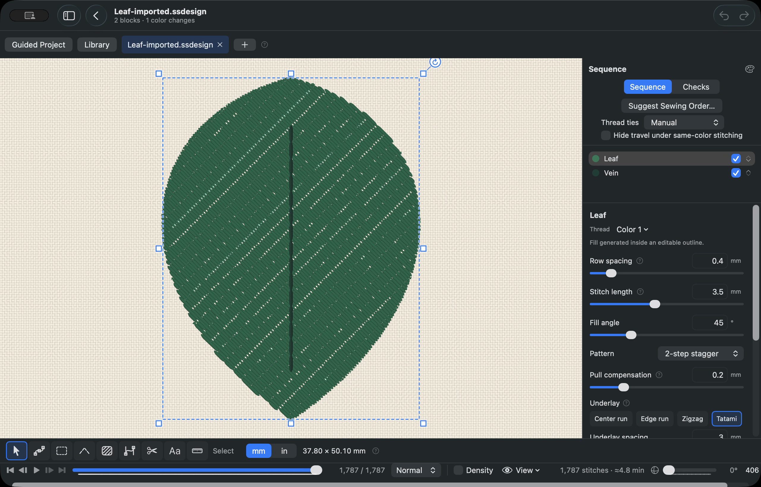 Original leaf reference project opened in Satinsmith, with a fill and a vein run in the Sequence list