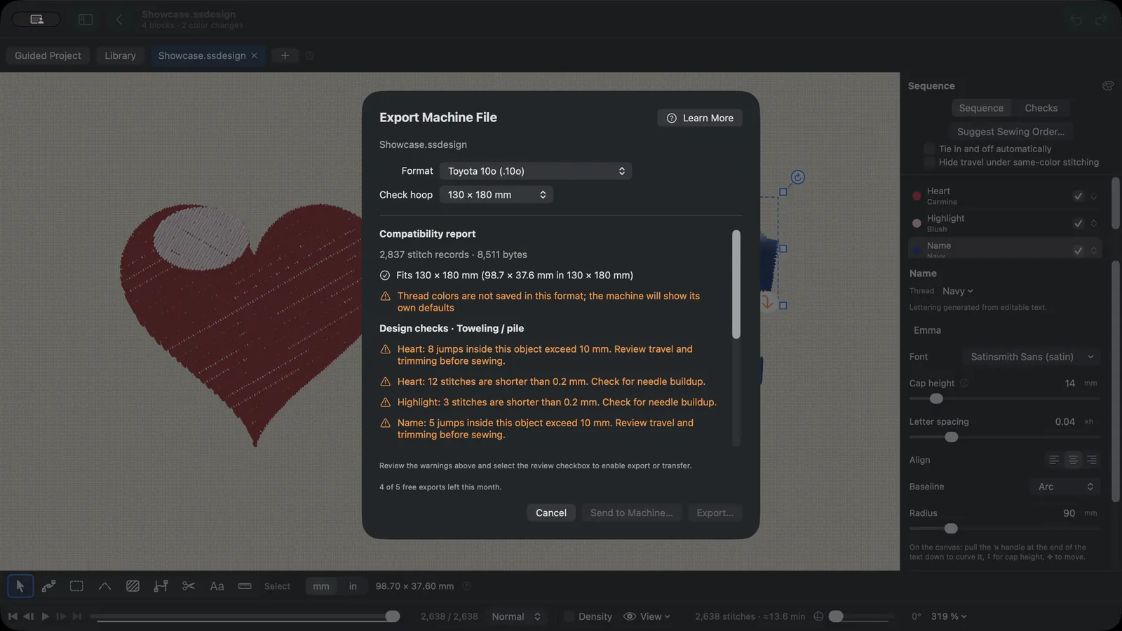 The export compatibility report listing checks for the chosen machine format and hoop