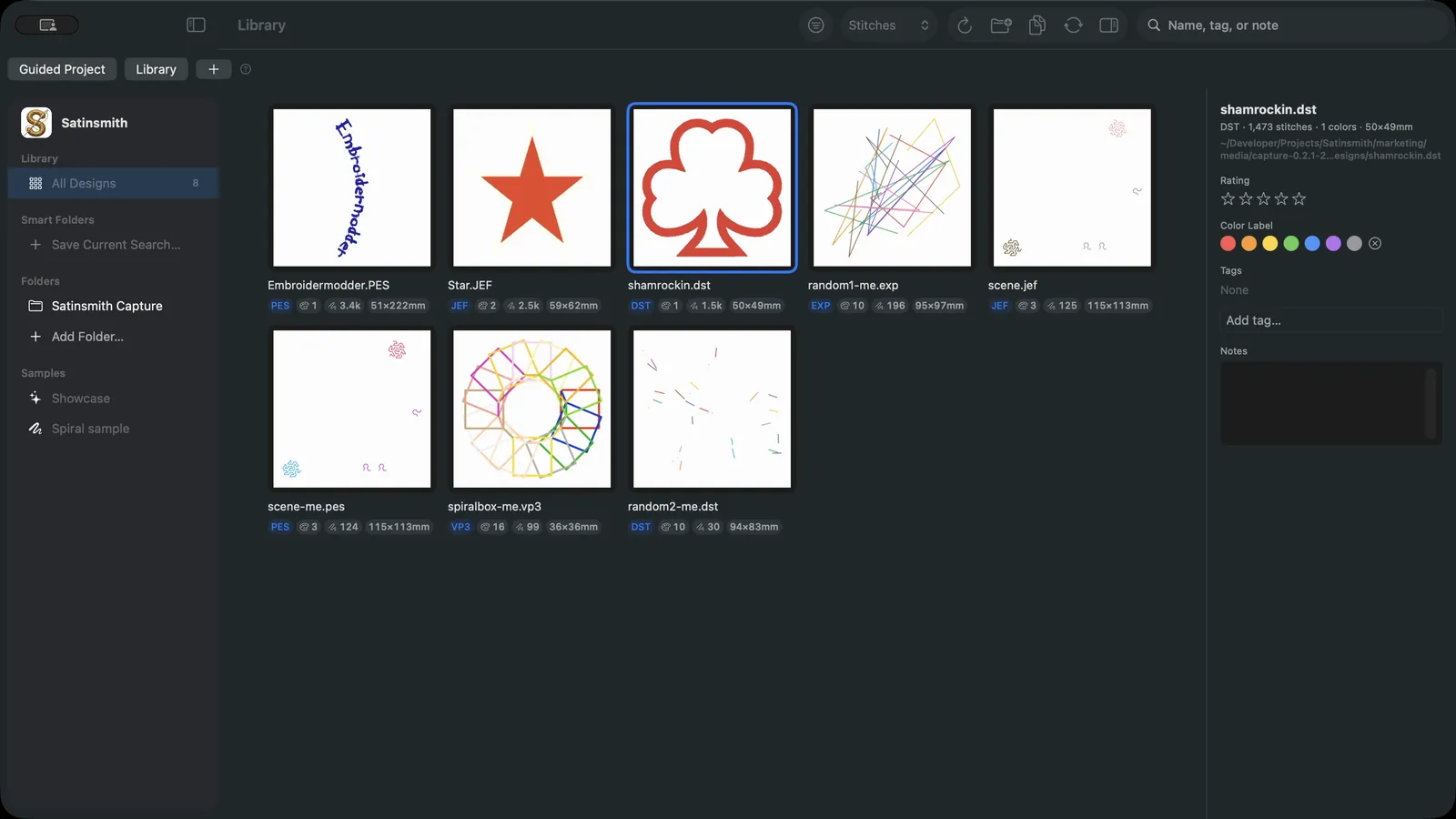 The Satinsmith library showing embroidery design thumbnails with their formats and sizes