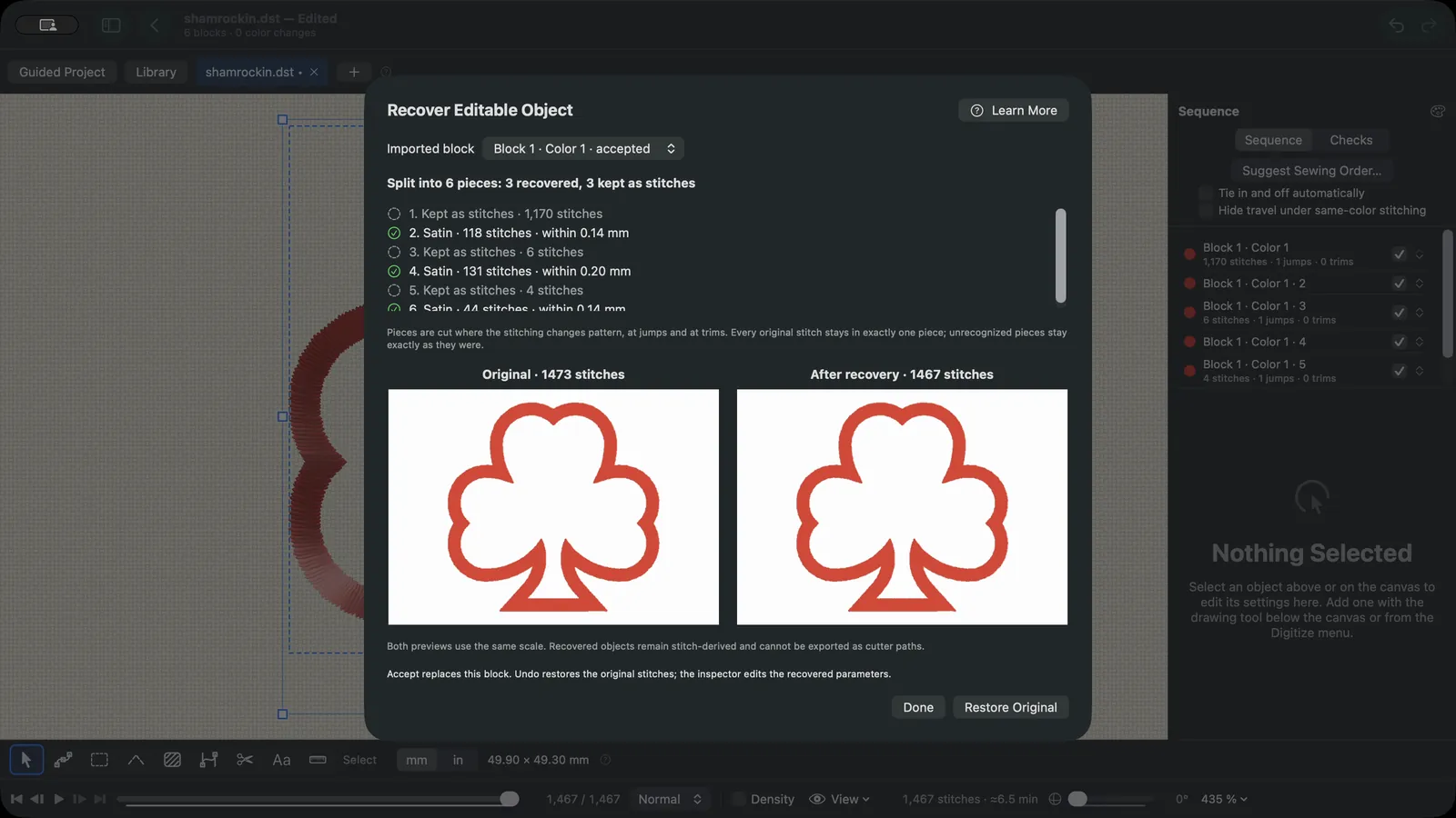 Recovering editable objects from a stitch file, with the original and the result side by side