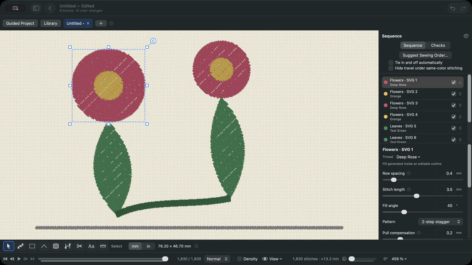 Imported vector flowers converted into editable embroidery fills